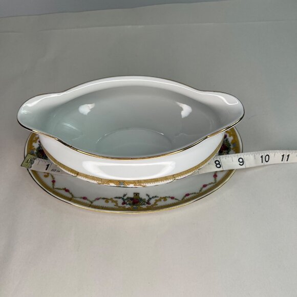 VTG Royal Bayreuth Bavaria Gravy Boat W/ Attached Plate Gold Trim Floral - Picture 11 of 13